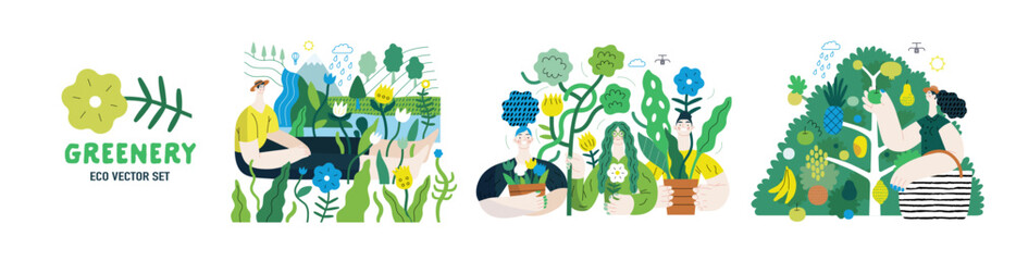 Greenery, ecology -modern flat vector concept illustration of people and plants. Metaphor of environmental sustainability and protection, closeness to nature, green life, ecosystem and biosphere - obrazy, fototapety, plakaty