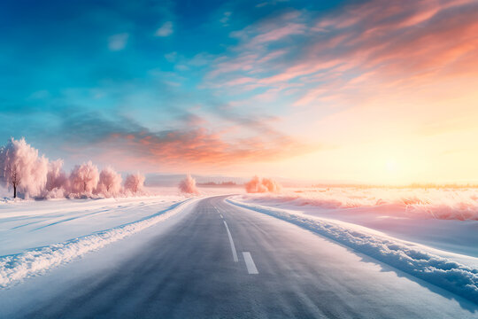 snowy road in the morning. nice atmospheric view. Bright image. 