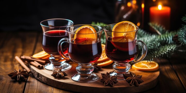 Fragrant hot mulled wine, orange with spices on a rustic stand, festive atmosphere.