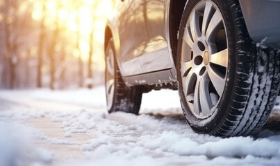 close-up of car wheels with winter tires on a snowy road - obrazy, fototapety, plakaty