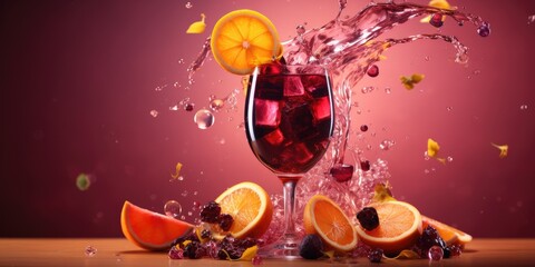 A splash of mulled wine with fruits and spices close-up on a bright background. Generative AI