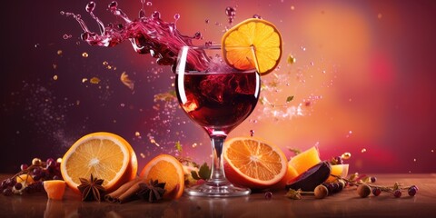 Christmas mulled wine. A splash of mulled wine with fruits and spices close-up on a bright background. 