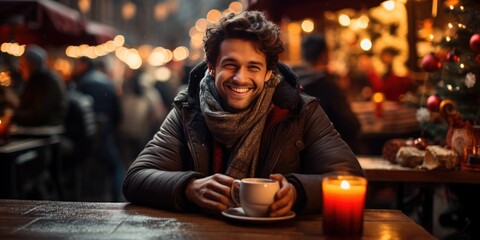 Happy man drinking hot chocolate or grog in a street cafe on Christmas Eve. Generative AI