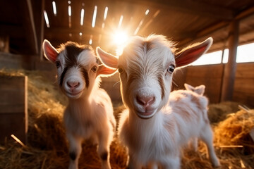 Goats in the stable on a bustling goats farm, highlighting the liveliness and charm of rural goat farming.