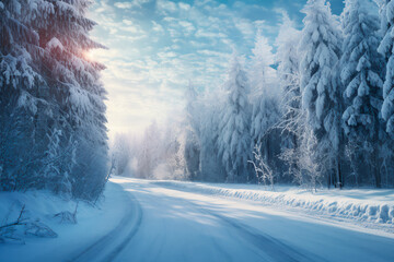 snowy road in the morning. nice atmospheric view. Bright image. 