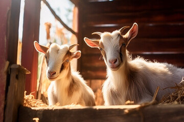 Fototapeta premium Goats in the stable on a bustling goats farm, highlighting the liveliness and charm of rural goat farming.