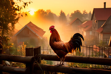 A rooster crows at sunrise on a fence, depicting the atmospheric charm of village life with a rustic background.
 - obrazy, fototapety, plakaty