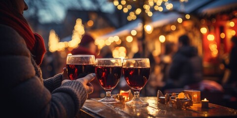 Friends at the Christmas market drinking mulled wine, holiday, New Year. Generative AI