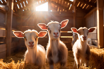 Goats in the stable on a bustling goats farm, highlighting the liveliness and charm of rural goat farming. - obrazy, fototapety, plakaty