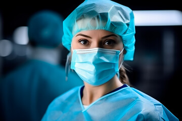Close-up portrait of a dedicated european female doctor in uniform, wearing a mask and medical cap, ready for duty.

