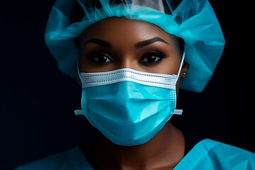 Close-up portrait of a dedicated African female doctor in uniform, wearing a mask and medical cap, ready for duty. Bright image.