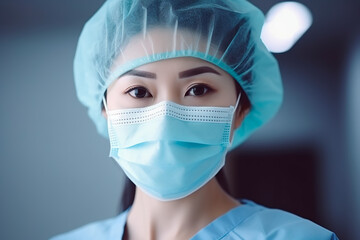 Close-up portrait of a dedicated asian female doctor in uniform, wearing a mask and medical cap, ready for duty.

