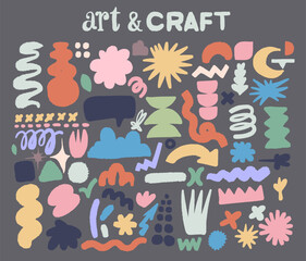 Set hand drawn naive, bizarre colorful abstract shapes and forms. Modern template contemporary figures, various organic shapes, doodle objects, graphic elements. Vector design abstract illustrations.