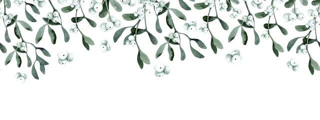 Watercolor Border with Mistletoe branches. Christmas background for design and invitations. Winter plants