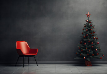 Red Chair with Christmas tree and Christmas presents beside a grey wall. New Year and holiday concept. Copy space.