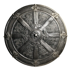 A round metallic knight's shield with ornaments and embellishments, isolated as a PNG. - obrazy, fototapety, plakaty