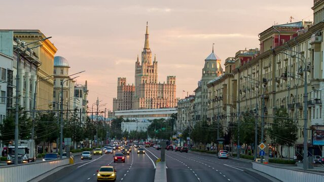 Sunset Timelapse of One of the Seven Sister Skyscrapers in Moscow, Russia. Iconic Landmark from Stalin's Era, Illuminated Cityscape