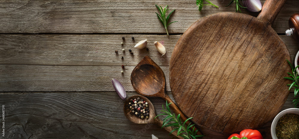 Poster cooking menu background. various vegetables and spices for preparation healthy food on wooden table 