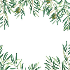 Olive tree square frame, border. Green olives and branches. Hand drawn watercolor botanical illustration isolated on white background. Can be used for cards, logos and food design.