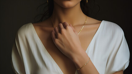 woman in a white blouse with low neckline,  touching her delicate gold necklace, closeup on black background - obrazy, fototapety, plakaty