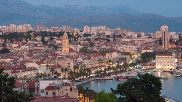 Day to night aerial hyper lapse old town Split, Croatia.