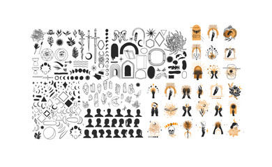 Hand drawn vector abstract graphic illustration elements collection set,magic crescent,butterfly,flowers,crystal,moon and human silhouettes isolated.Mystical celestial esoteric magic design concept.