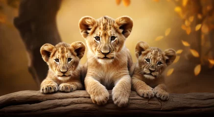 Foto op Aluminium Close-up of three cute lion cubs © giedriius
