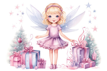 Fototapeta premium Watercolor Christmas Princess. Illustration of magical fairy with wings in pink dress with Christmas trees and gifts. Little angel girl. Ideal for children book, holiday cards, kid decor scrapbooking