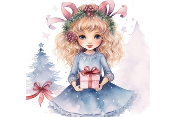 Fototapeta premium Watercolor Christmas Princess. Illustration of magical fairy in blue dress with Christmas trees and gifts. Little angel girl. Ideal for children book, holiday card, kid decor, scrapbooking.