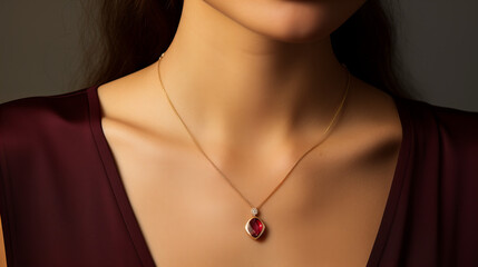 model in delicate golden necklace ruby pendant - obrazy, fototapety, plakaty