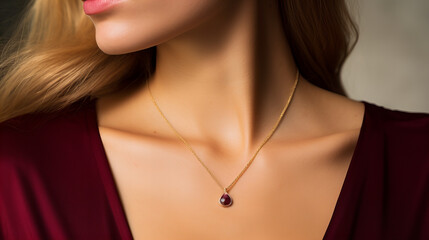 delicate golden necklace with a ruby pendant worn by a model in deep red dress, closeup, low neckline - obrazy, fototapety, plakaty
