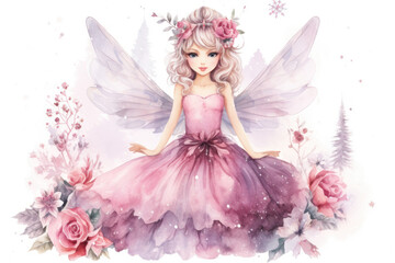 Watercolor Illustration of magical fairy with wings in pink dress with flowers. Princess girl. Beautiful Angel. For children book, postcards, kid decor, scrapbooking, greeting.