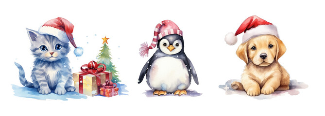 Xmas Clip art. Cute watercolor animals with Christmas attributes fir tree, gifts, Santa Claus hat. Kitten, puppy, penguin. Illustration isolated on white background. For greeting cards, scrapbooking.