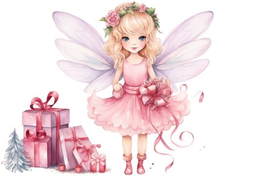 Watercolor Christmas Angel. Illustration of magical fairy with wings in pink dress with gifts. Little princess girl. Ideal for children book, holiday cards, kid decor, scrapbooking, greetings.