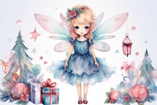 Watercolor Christmas Angel. Illustration of magical fairy with wings in blue dress, with Christmas trees and gifts. Little princess girl. For children book, holiday cards, kid decor, scrapbooking.