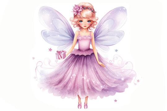 Little princess girl. Beautiful Angel. Watercolor Illustration of magical fairy with wings in pink purple dress with gifts, on white background. For children book, postcards, kid decor, scrapbooking.