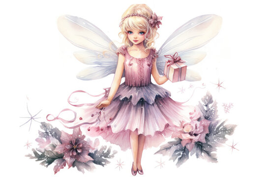 Watercolor Illustration of magical fairy with wings in pink dress with gifts and flowers. Princess girl. Beautiful Angel. For children book, postcards, kid decor, scrapbooking, greeting.