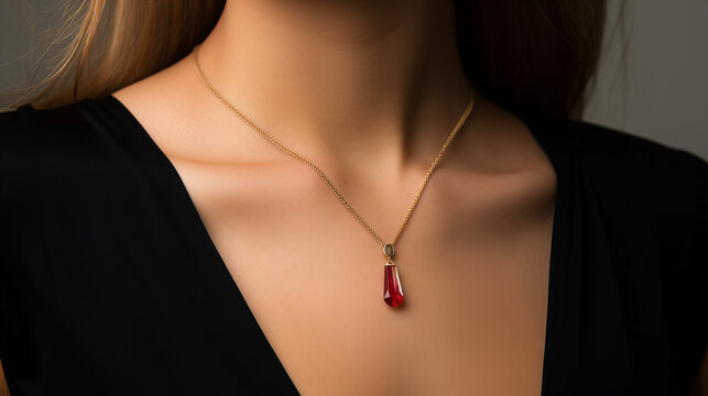 delicate golden necklace with a ruby pendant worn by a model  in a low neckline black dress, closeup