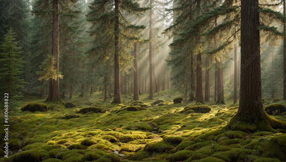 Poster pristine and untouched coniferous forest, with towering pine trees and a carpet of moss - ai generat