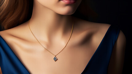 delicate golden necklace with a sapphire pendant worn by a model closeup isolated on black background - obrazy, fototapety, plakaty