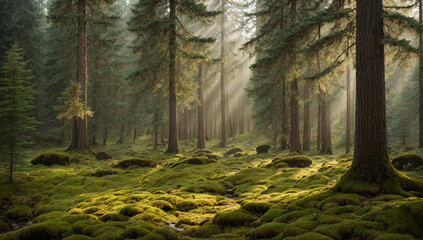 Pristine and untouched coniferous forest, with towering pine trees and a carpet of moss - AI Generative