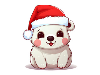 Illustration of a cute white dog with red Christmas hat, isolated on white background