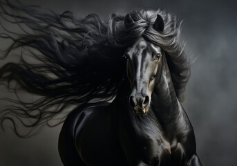 Black horse with long mane in dark background. AI generated