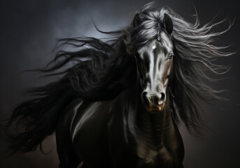 Black horse with long mane in dark background. AI generated - obrazy, fototapety, plakaty