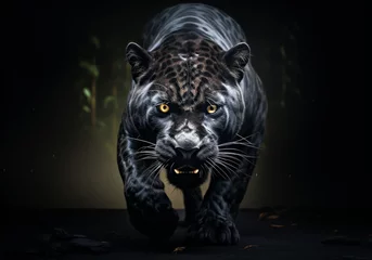 Selbstklebende Fototapeten Black panther on dark background. AI generated © Alicina