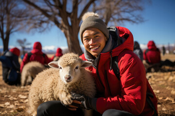 A smiling woman in warm clothing cuddles a lamb outdoors on a sunny day, surrounded by happy people.