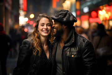 Happy interracial couple sharing a joyful moment on a vibrant city street at night, surrounded by city lights.