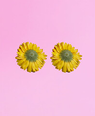 Two isolated gerbera flowers on the pink background. Copy space. Flat lay. Minimal concept.