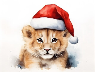 Watercolor illustration of a cute little lion with red Christmas hat, isolated on white background