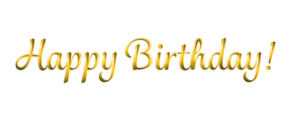 Happy Birthday text in golden metallic cursive font, shining gradient texture, transparent background. - obrazy, fototapety, plakaty